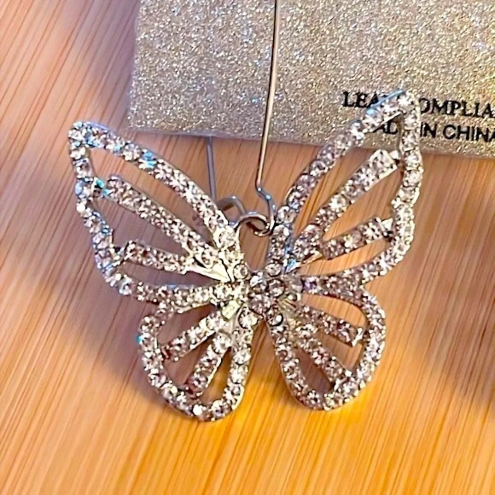 Brand New Natasha Rhinestone Butterfly Silver Tone Drop Earrings Sparkly